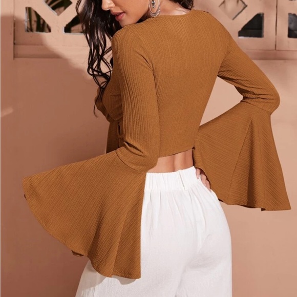 SHEIN VCAY Ribbed Trumpet Sleeve Self tie Crop top - Picture 3 of 5